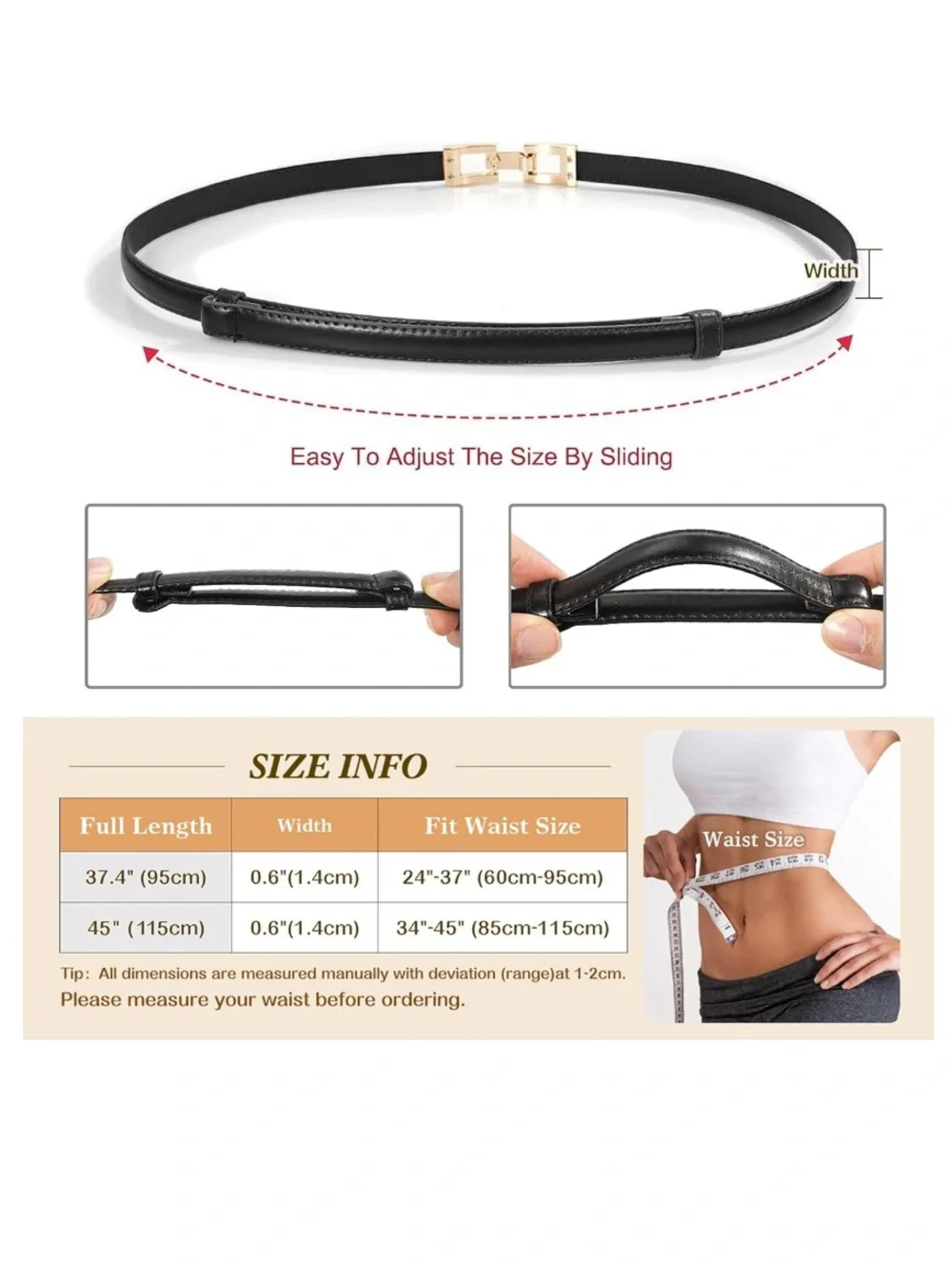 NWT!! Glamorstar Adjustable Skinny Belt in Black with Gold Hardware